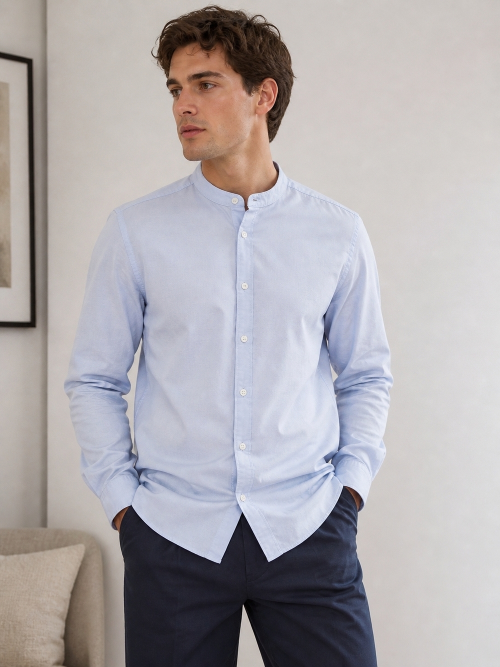 Zara Light Blue Mandarin Collar Button-Down Shirt